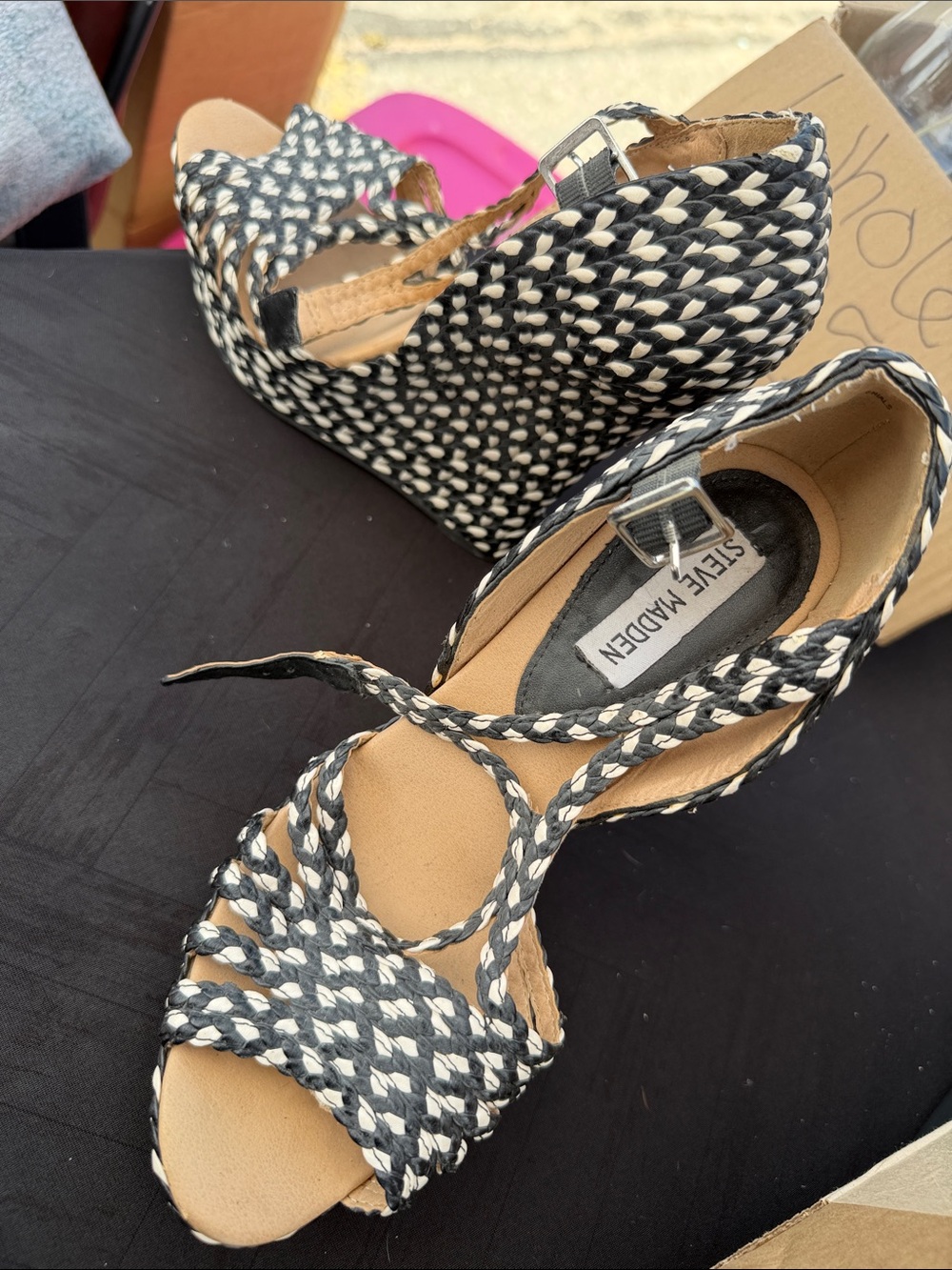 Steve Madden Black and White Braided Wedge Sandals